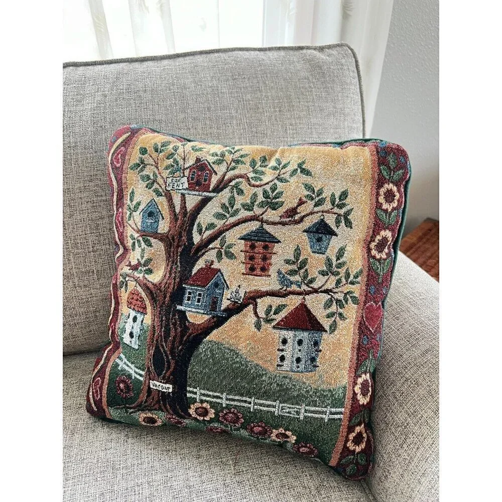 Bird Houses Tapestry Throw Pillow Country Cottage Farmhouse Rustic Decorative